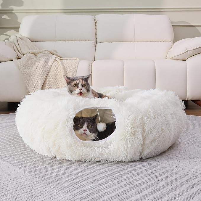 Plush Cat Tunnel Bed for Indoor Cats with Soft Cushion, Multi-Shape Play Cave with Hanging Balls, Large and Foldable Cat Donut Tunnel for Small and Large Pets (White)