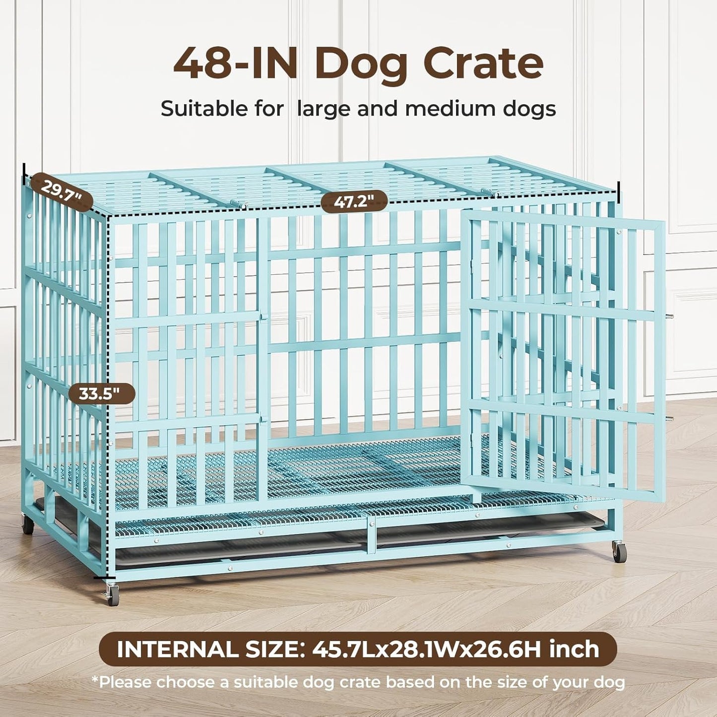 48IN Heavy Duty Dog Crate Steel Escape Proof, Indoor Double Door High Anxiety Cage Removable Tray, Extra Large,Blue