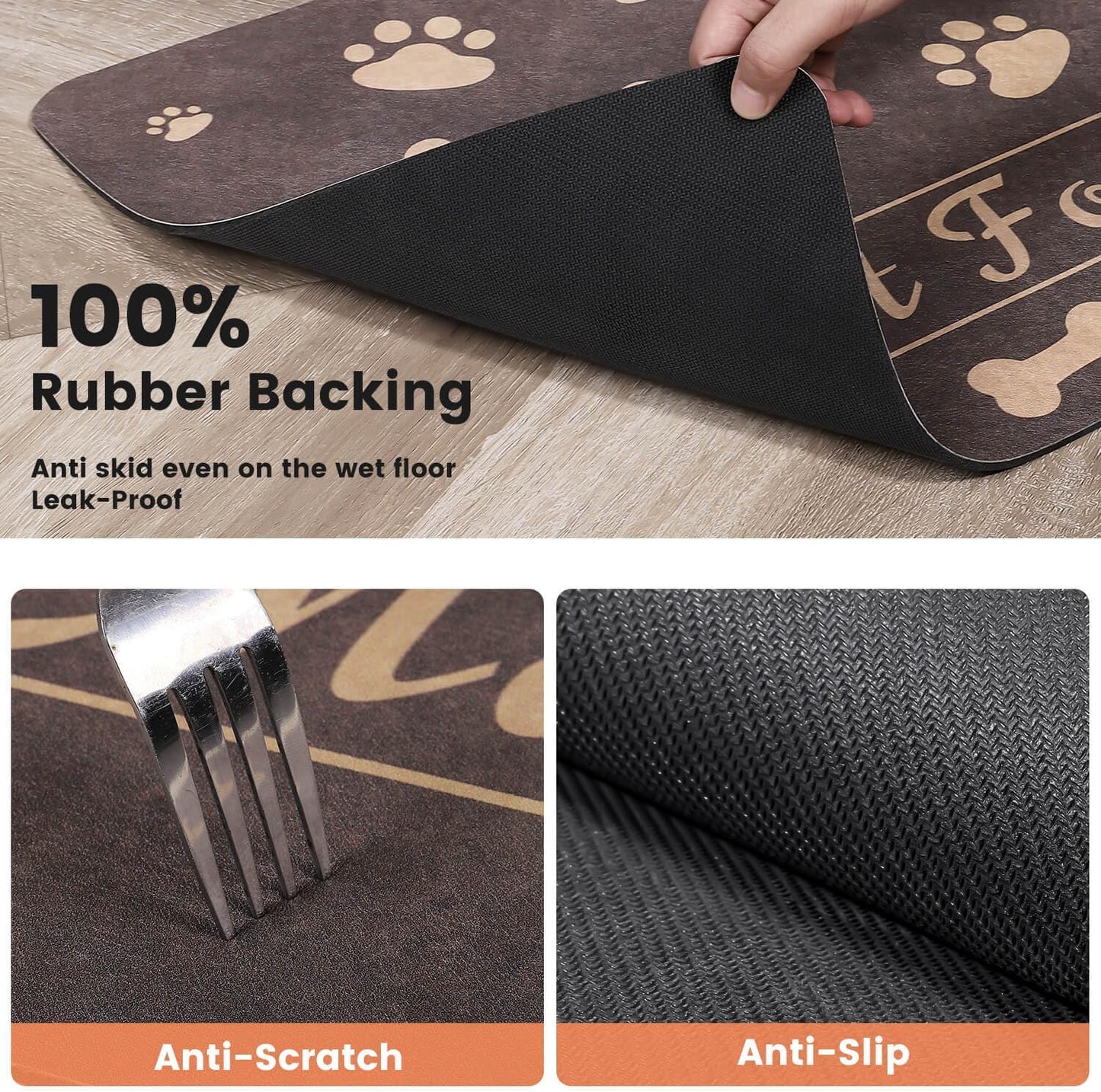 Pet Feeding Mat-Absorbent Pet Placemat for Food and Water Bowl, with Waterproof Rubber Backing, Quick Dry Water Dispenser Mat for Dog and Cat (12"x20", Brown)