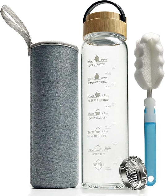 32 oz Motivational Glass Water Bottles with Bamboo Lid Straw and Time Marker - Sports Water Bottle for Drinking