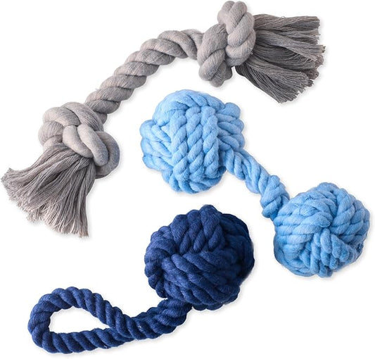 3-Pack Organic Cotton Dog Rope Pull Toys for All Pet Breeds, Blue Ombre, One Size