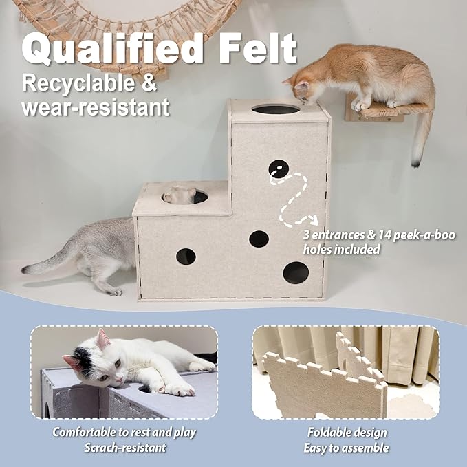 Meeyoview Cat Tunnel, Felt Tunnels for Indoor Cats, Peekaboo Hideaway Cave, L-Shape Kitty Tunnel Bed, Interactive Cat Cube Toys for Small Medium Large Cats