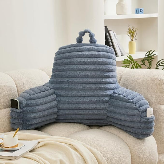 WERDIM Reading Pillow for Sitting in Bed, Faux Fur Back Pillow for Bed Rest, Bed Chair Pillow with Arms and Pockets(Large, Dusty Blue)