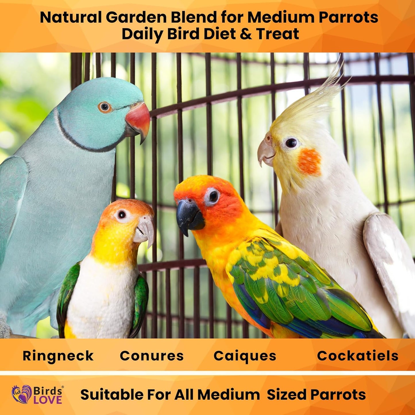 Birds LOVE All Natural Garden Blend Bird Food for Medium Birds - Cockatiels, Green Cheek Conures, Ringneck Parakeets and Small Quakers 2lb