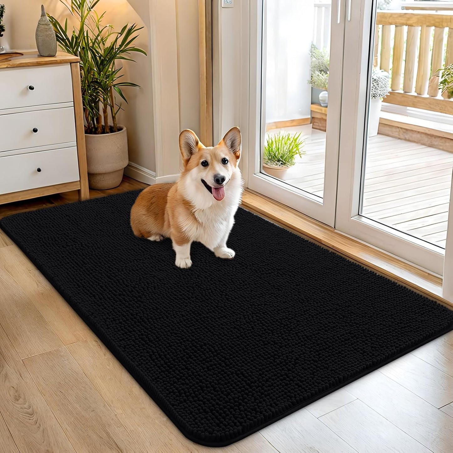 OLANLY Dog Door Mat for Muddy Paws 45x27, Absorbs Moisture and Dirt, Absorbent Non-Slip Washable Doormat, Quick Dry Chenille Mud Mat for Dogs, Entry Indoor Entryway Carpet for Inside Floor, Black