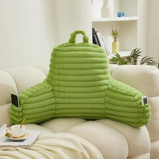 WERDIM Reading Pillow for Sitting in Bed, Faux Fur Back Pillow for Bed Rest, Bed Chair Pillow with Arms and Pockets(Large, Apple Green)