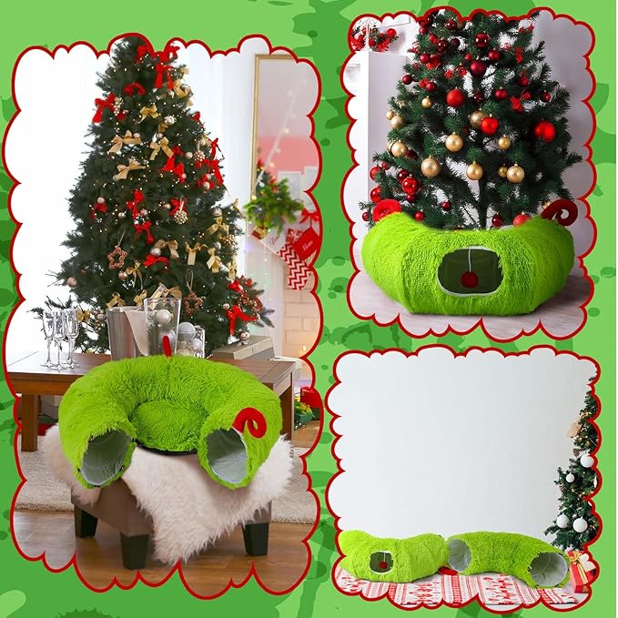 Frienda Christmas Cat Tunnel Bed Under Christmas Tree Lime Green Cat Donut Tunnel 3ft x 3ft x 9.4in Elf Tree Skirt Peekaboo Circle Cave Toy Winter Decor for Kitten Kitty Puppy Rabbit Ferret Gift