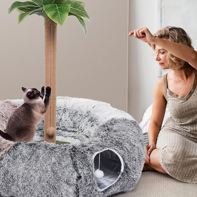 Odoland Large Cat Tunnel and Fluffy Bed - Indoor Detachable Cave With 20 Toys, Donut Tunnel and Variety Kitten Toy Set for Chewing and Playing