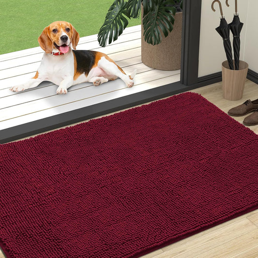 OLANLY Dog Door Mat for Muddy Paws 47x32, Absorbs Moisture and Dirt, Absorbent Non-Slip Washable Doormat, Quick Dry Chenille Mud Mat for Dogs, Entry Indoor Entryway Carpet for Inside Floor, Burgundy