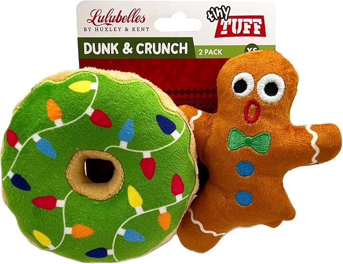 Huxley & Kent Tiny Tuff | Dunk & Crunch | Christmas Holiday Extra Tough Dog Toy for Small Dogs | 2-Pack Funny Dog Toy | Features Squeaker, Crinkle | Machine Washable