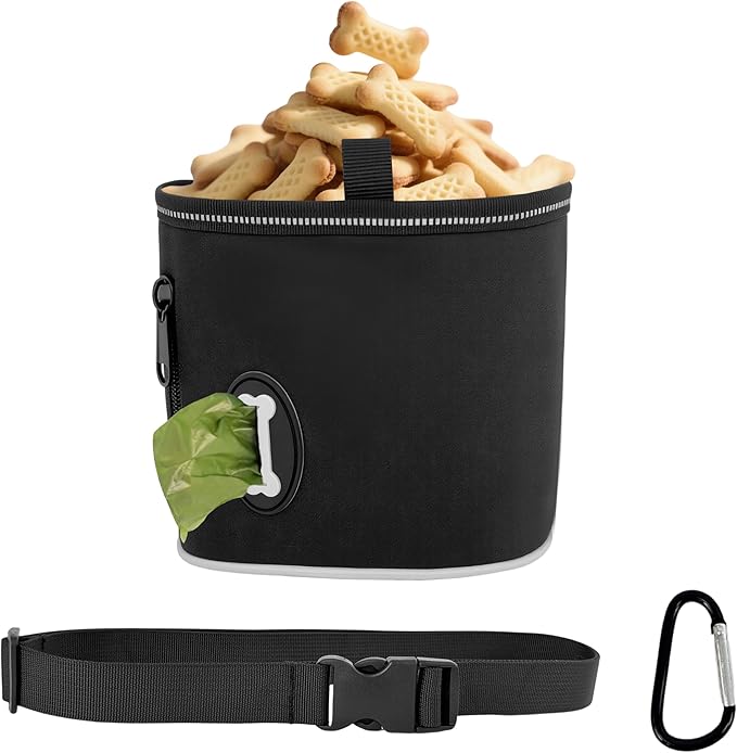Dog Treat Pouch with Magnetic Closure, 3 Wear Ways, Side Zipper for Poop Bag Dispenser, Large Treat Bag with Reflective Strip for Training, Travel and Night Walking (1Pack-Black)