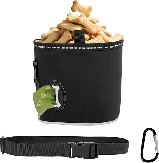 Dog Treat Pouch with Magnetic Closure, 3 Wear Ways, Side Zipper for Poop Bag Dispenser, Large Treat Bag with Reflective Strip for Training, Travel and Night Walking (1Pack-Black)