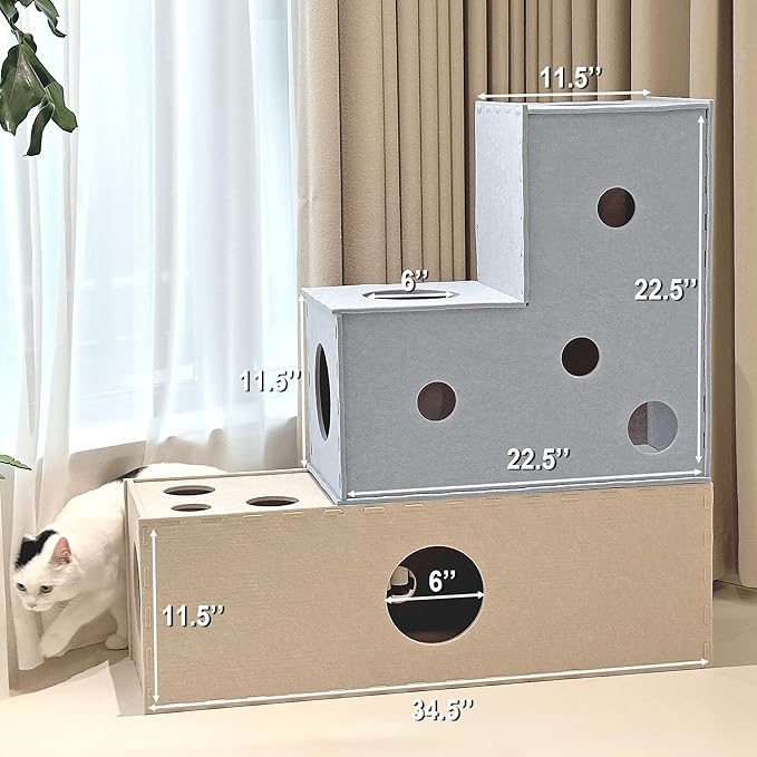 Cat Tunnel Hideaway for Indoor Cats - Soft Felt Toy With Interactive Peek Hole, Cave and Cube for Small, Medium, Large Cats