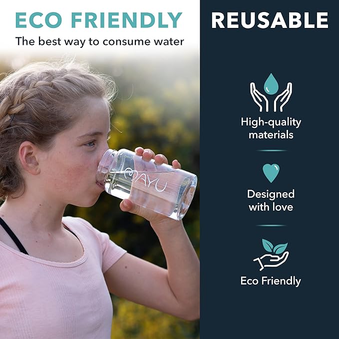 mayu Travel Water Bottle with Bamboo Lid - Eco Friendly & BPA Free Borosilicate Glass | Adult and Kids Bottles with Cap - Leak Free Design - Non-Toxic Reusable Bottle for Everyday Use | 0.5L, 17OZ