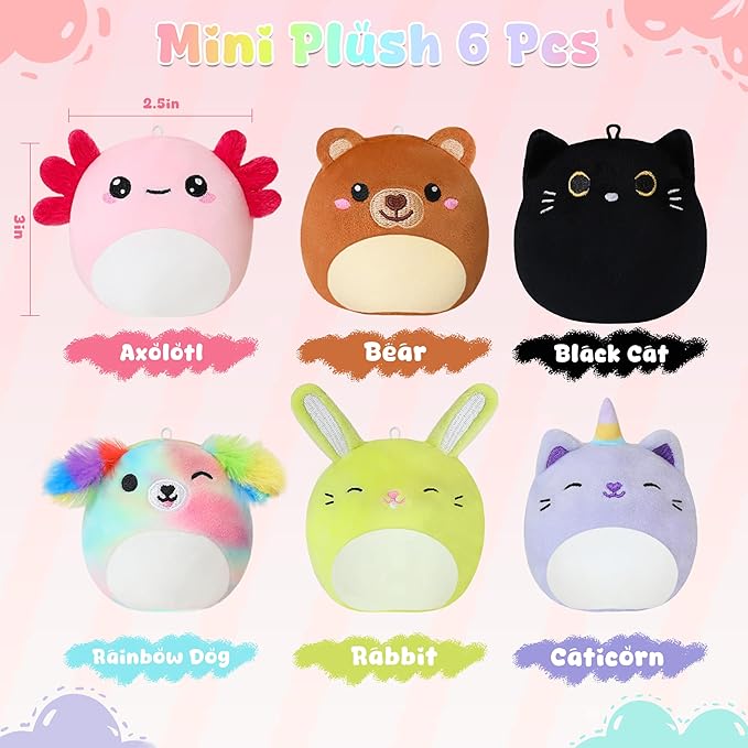 SQEQE Mini Plush Animal Toys Set 6 Pcs Small Stuffed Animal for Kids Adorable Shape Design Plushies Toy for Birthday Party Decor(3.5 Inch)