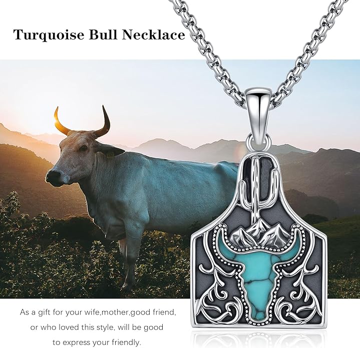 Midir&Etain Western Necklace 925 Sterling Silver Turquoise Pendant Cow Skull/Hat/Tag/Cactus Cowgirl Country Jewelry for Women Men
