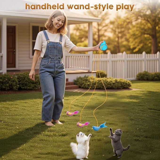 Interactive Cat Toys for Indoor Cats - Automatic Flying Bird & Mouse Wand Enrichment Toy, Hands-Free or Handheld USB-Rechargeable Safe Play Chase Exercise for Bored Kittens and Adult Cats