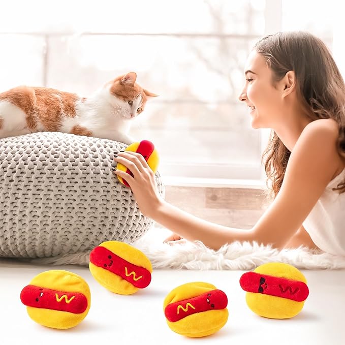 L1rabe Hot Dog Catnip Stuffed Toys - 5Pcs Fall Funny Hot Dog Cat Toys Indoor Yellow Interactive Pet Supplies, Kitten Chew Bite Tools Cat Lovers Gifts, Organic Eco-friendly Birthday Present for Kittens