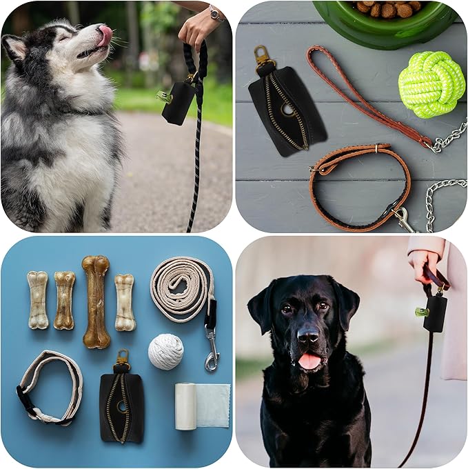 HIFA Genuine Leather Dog Leash Holder, Holder for Leashes - Soft Touch Rustic Brown Leather, Metal Clips and Easy Access to Pet Waste Dispenser- Dispenser for Outdoor Puppy Walking