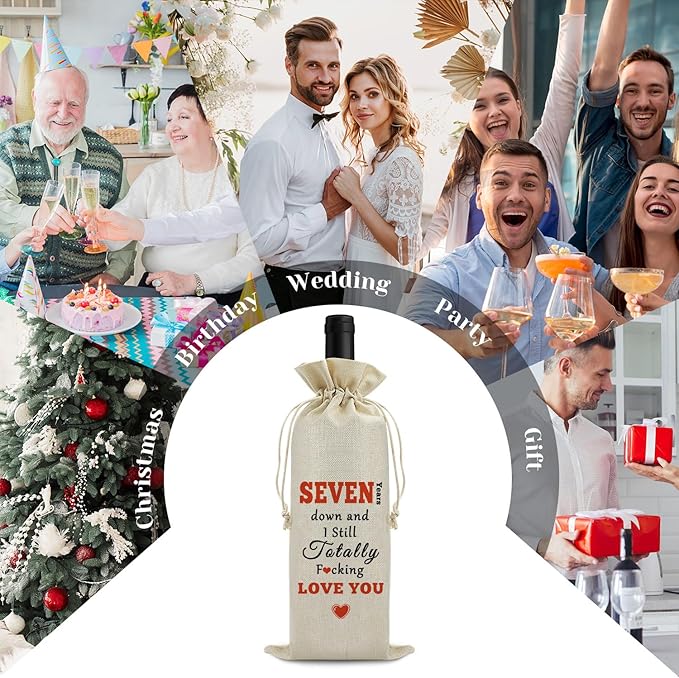 7th Year Marriage Gift for Couple Wife Husband Wine Bag 7th Anniversary Wedding Gift for Women Men Wine Gift Bag Valentine Birthday Christmas Gift for Him Her Drawstring Wine Wrapping Bag