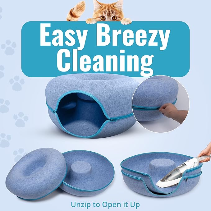 Okoco Cat Tunnel Bed for Indoor Cats Large, 24" Peekaboo Cat Cave Donut Bed for Pets up to 45lbs, 2-in-1 Round Tube with Hanging Ball Toy & Removable Machine Washable Parts (Light Blue)