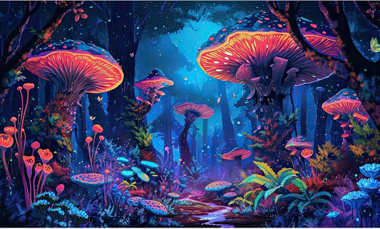 Mushrooms Aquarium Background Fantasy Bright Flowers Butterflies Fish Tank Backdrop Decoration Poster Trippy Wonderland Landscape with Giant Mystical Mushrooms Terrarium Background Decor 72x16in