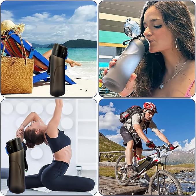 Air Water Bottle,750ML Scent Water Cup with 3 Flavour Pods,Leak Proof Sports Water Cup with Straw Suitable for Outdoor Sports,Gifts From Friends, Birthday Gifts (New Black + 3pods)