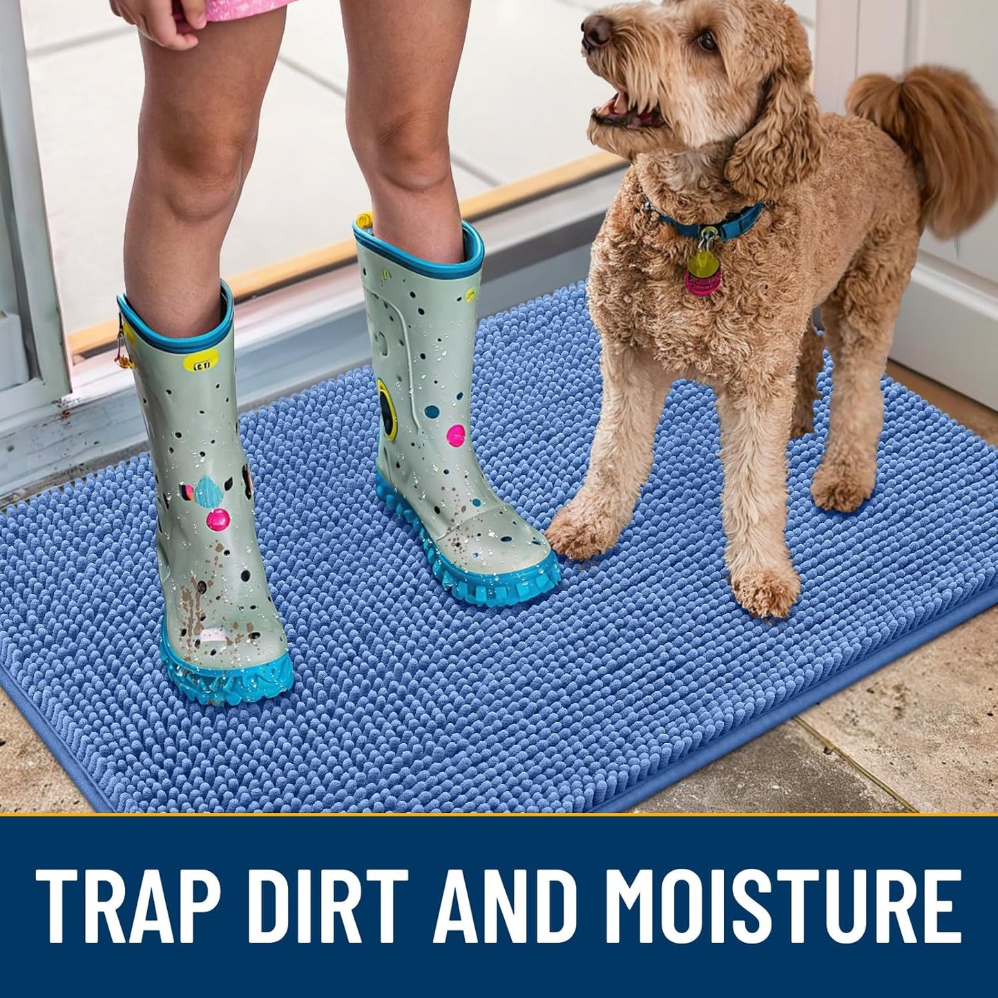 Smiry Dog Door Mat for Muddy Paws 30x20, Absorbs Moisture and Dirt Doormat, Non-Slip Washable Quick Dry Chenille Front Door Mat Indoor Entrance, Entryway Carpet for Inside Floor, Cornflower Blue