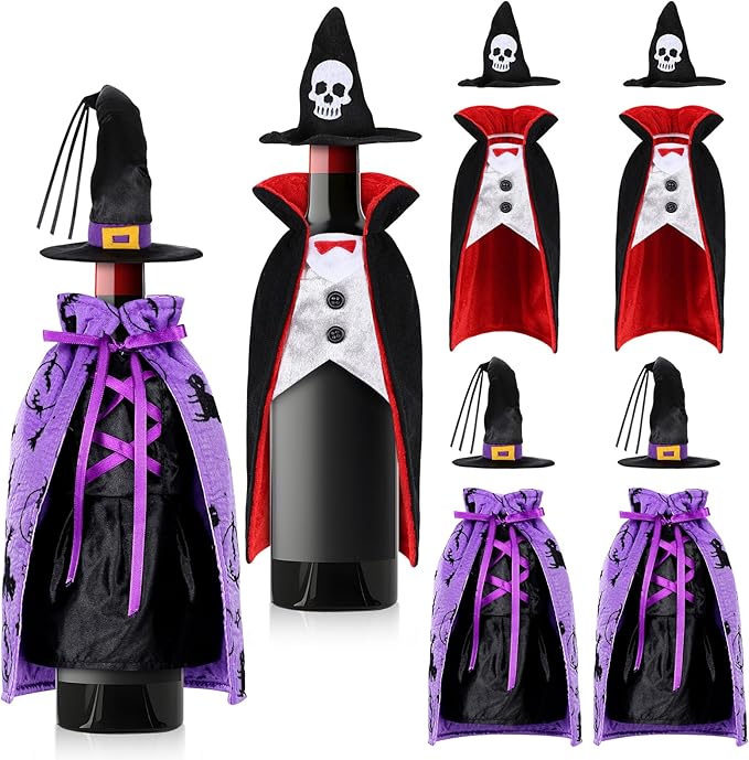 4 Pcs Halloween Wine Bottle Cover Witch Vampire Wine Clothes Dracula Wine Dress for Halloween Party Table Decor