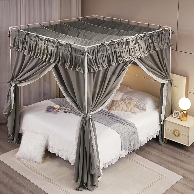 4 Corners Post Princess Ruffle Curtain Bed Canopy Lace Up Elastic Cozy Breathable Tent Mosquito Net for Girls Bedroom Decoration(Grey, 47-53" W*78" L*82"*H/Full)