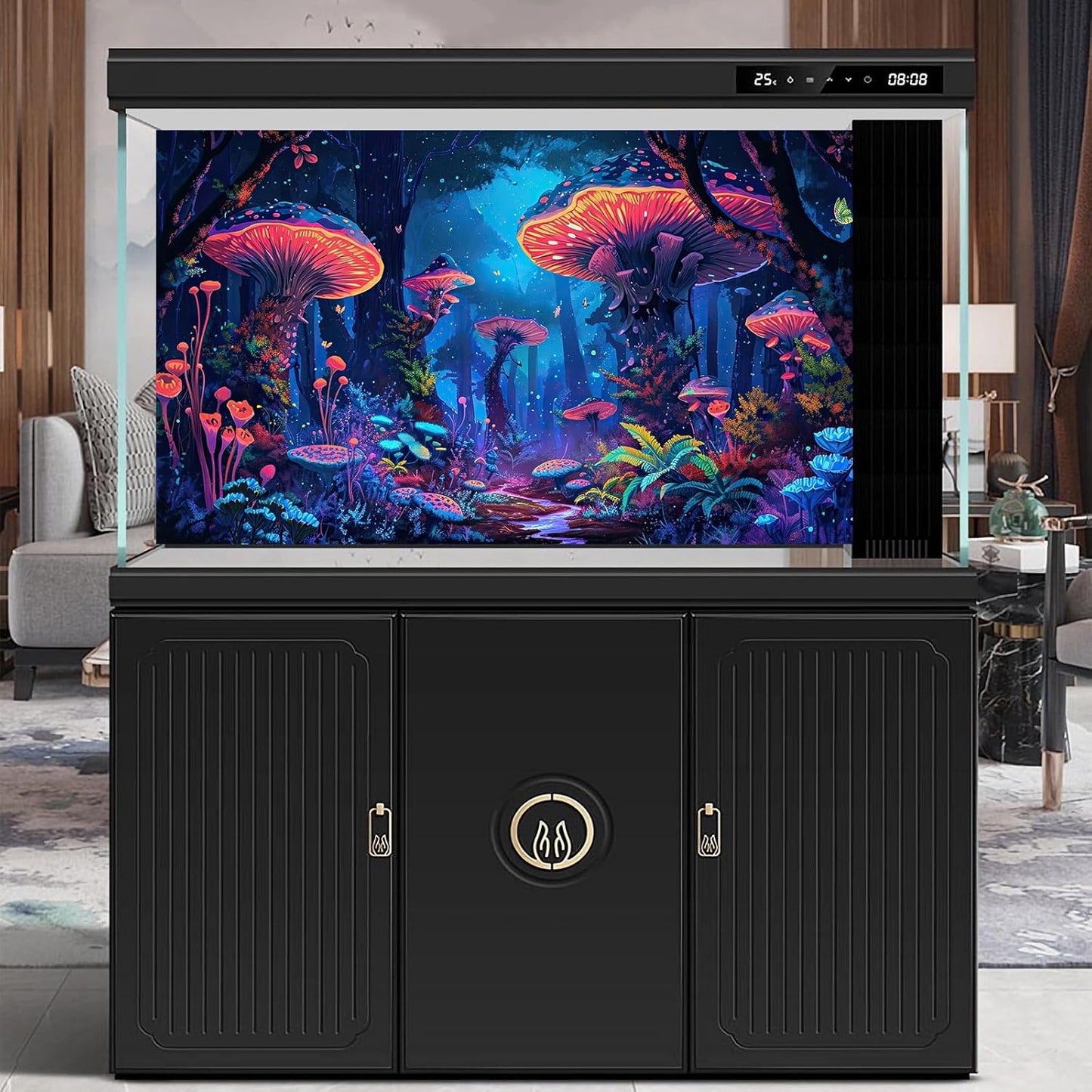 Mushrooms Aquarium Background Fantasy Bright Flowers Butterflies Fish Tank Backdrop Decoration Poster Trippy Wonderland Landscape with Giant Mystical Mushrooms Terrarium Background Decor 24x12in