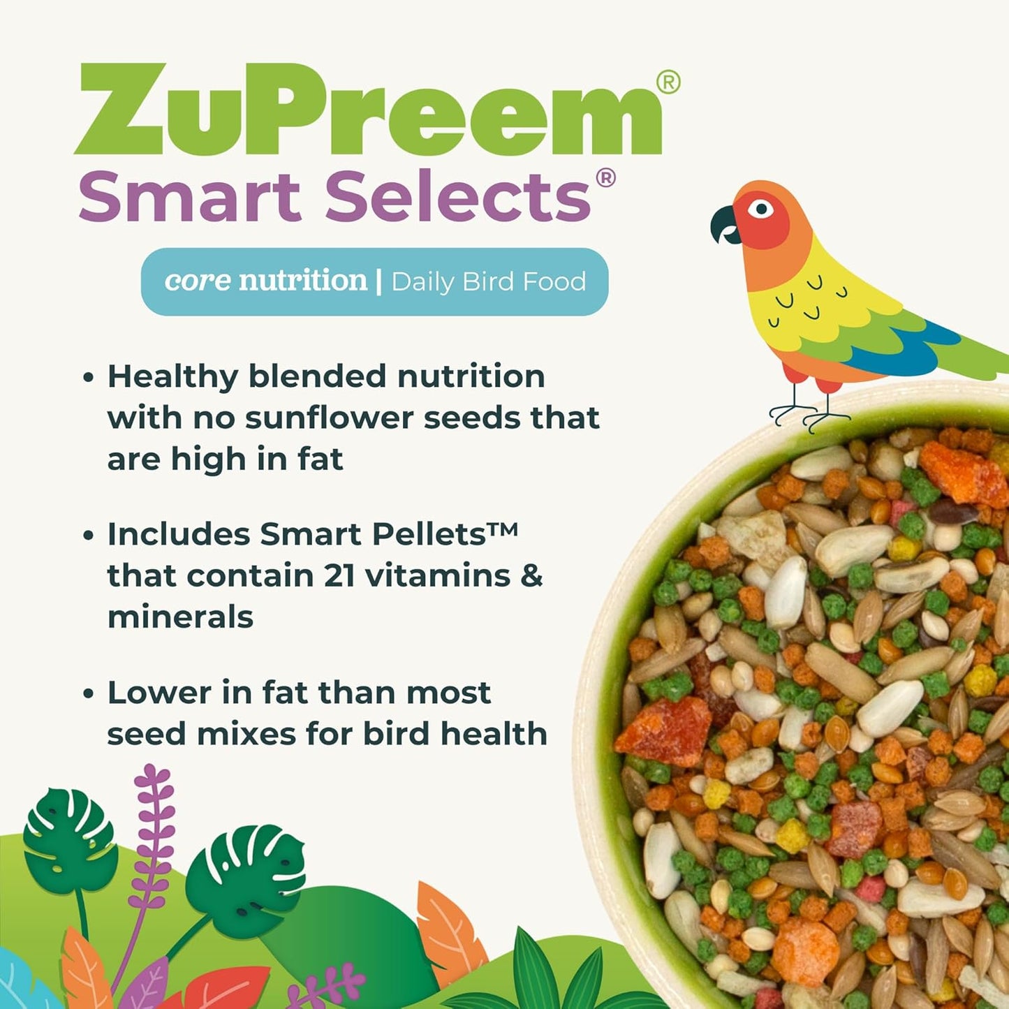 ZuPreem Smart Selects Bird Food, Daily Nutrition for Amazons, Cockatoos, and Macaws, Bird Feed Pellets and Seed Blend, Cockatoo Food, Macaw Diet, Made in USA, (Large, 4 lb bag)