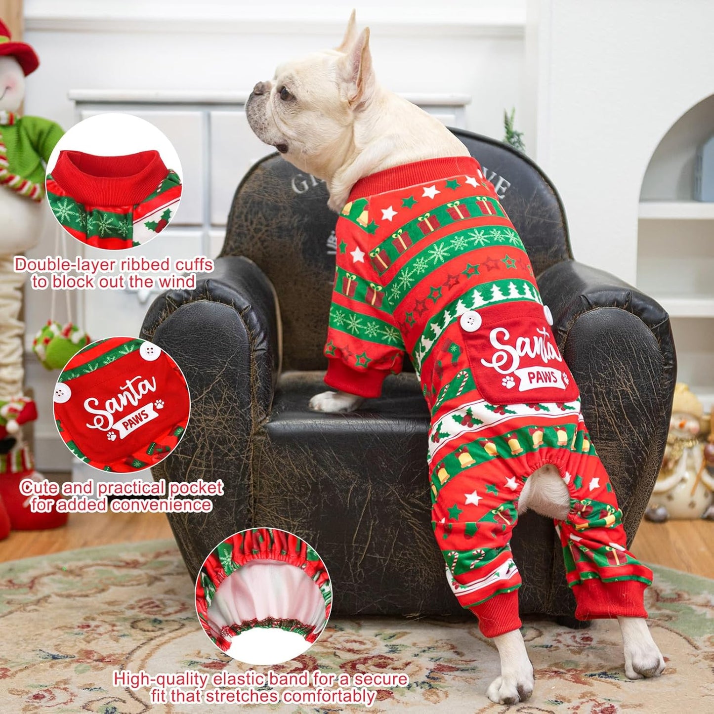 BEA Christmas Dog Pajamas for Extra Large Dogs, Soft Fleece Pet Sweater Clothes Warm Puppy Onesie Outfits for Doggie Winter Christmas - Collar Adjustable Dog Pjs Jammies, Red XL