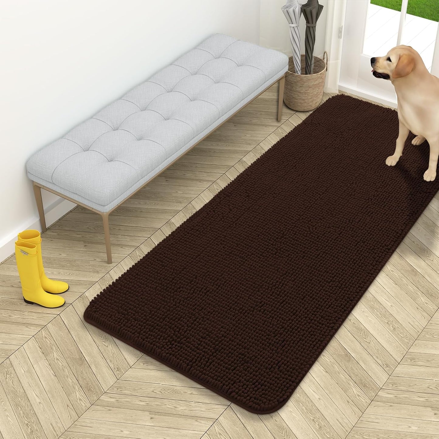 OLANLY Dog Door Mat for Muddy Paws 54x24, Absorbs Moisture and Dirt, Absorbent Non-Slip Washable Doormat, Quick Dry Chenille Mud Mat for Dogs, Entry Indoor Entryway Carpet for Inside Floor, Brown