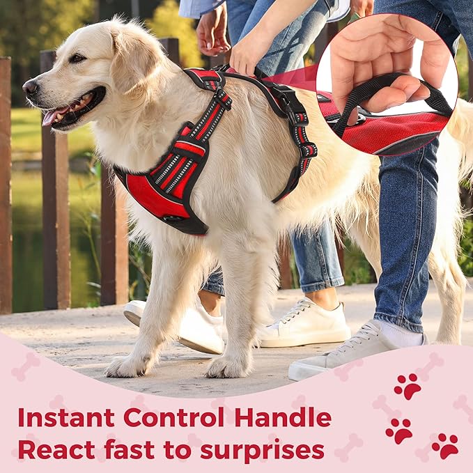 Funfox Dog Harness No Pull, Adjustable Pet Vest Harness Red L with Handle, 2 Leash Clips for Daily Walking Easy Control, Soft Durable Reflective Comfortable for Large Breed Dogs