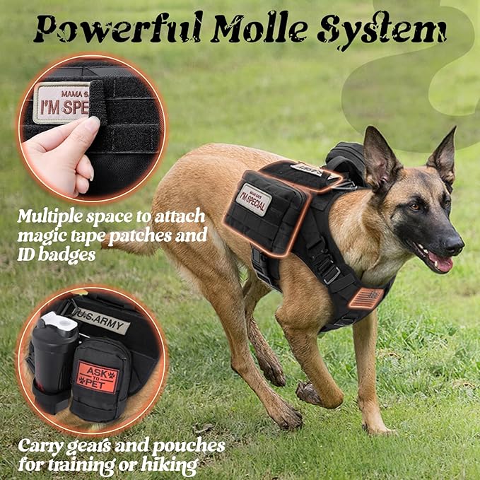 rabbitgoo Tactical Dog Harness for Large, Heavy Duty Pet Harness with Handle, No-Pull Service Vest Large Breed, Adjustable Military Dog Vest for Training Hunting Walking, Black, L