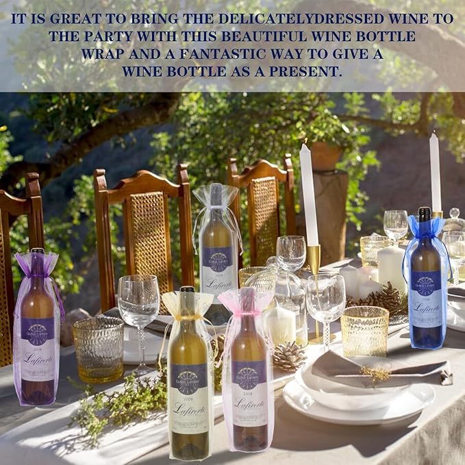 60 Pcs Sheer Organza Wine Bags 14.6 x 5.5 Wine Gift Pouches Sheer Mesh Wine Gift Pouches Reusable Bottle Wrap Bottle Covers Drawstring Gift Wrap Bags Dresses for Wedding Christmas Baby Shower