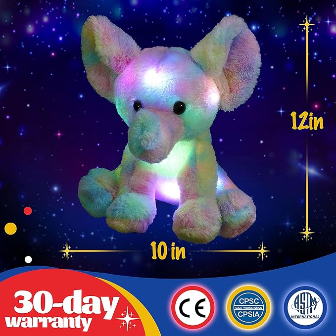 Glow Guards Light up Rainbow Elephant Stuffed Animal,Soft Glowing LED Wildlife Animal Plush Toy with Night Lights &Lullaby,Ideal Gift Birthday Children's Day for Toddler Kids,12''