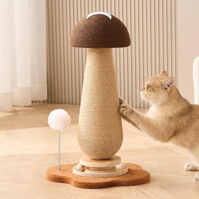 Mushroom Cat Scratching Post Cat Tree, 21.5‘’ H Cute Cat Scratcher Tower with Durable Solid Wood Turntable Toy, Acorn Brown Mushroom Scratch Post Cat Sisal Scratcher with Catnip for Indoor Cats