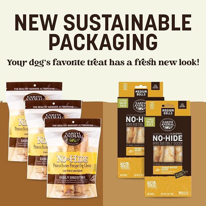 Earth Animal No Hide Medium Peanut Butter Flavored Natural Rawhide Free Dog Chews Long Lasting Chew Sticks | Treats for Large Dogs | Great for Aggressive Chewers - 6 Count