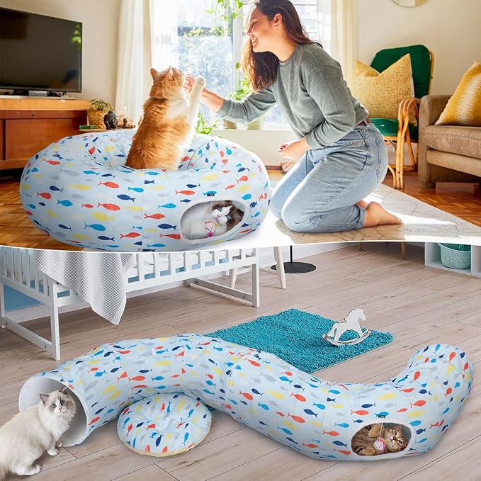 Ownpets Large Cat Tunnel Bed for for All Seasons, Soft Cat Donut Tunnel with Washable Cushion, Round Pet Pet Play Tunnel Toy for Kitten, Puppy, Rabbit, Blue