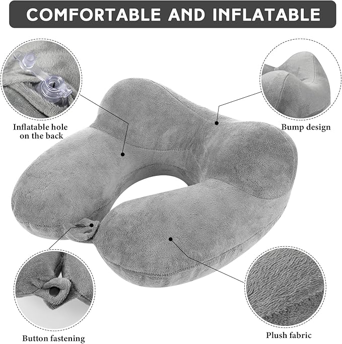 Sintuff 2 Pack Inflatable Travel Pillow for Airplanes Inflatable Neck Pillows with Compact Bag and Blindfold Soft Flight Pillow for Traveling, Airplane, Train, Car, Office(Gray)