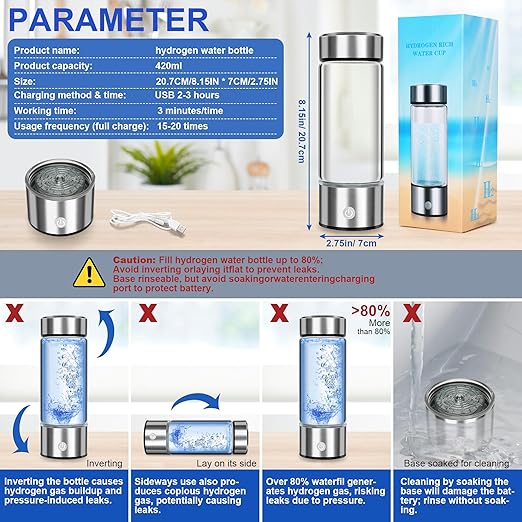 Hydrogen Water Bottle 2024, Healthy Hydrogen Water Bottle Generator Improve Water in 3 Minutes, Hydrogen Water Ionizer Machine with SPE PEM Technology for Home, Office, Travel, Drinking (420ml)