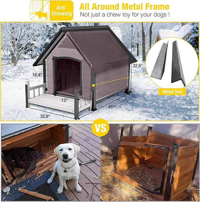 Aivituvin Dog House Outdoor With Metal Frame, Insulated Dog Kennel Outside for Small To Medium Breed, 45" Weatherproof Large Dog Shelter with Anti-Chewing Iron Frame, White (45" D x 32.9" W x 32.6" H)