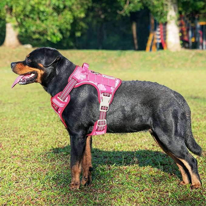 Heavy Duty Tactical Dog Harness for Large Dogs, No Pull Adjustable Pet Harness Reflective Service Training Easy Control Pet Vest Military K9 Working Dog Harnesses- Large, Pink Camo