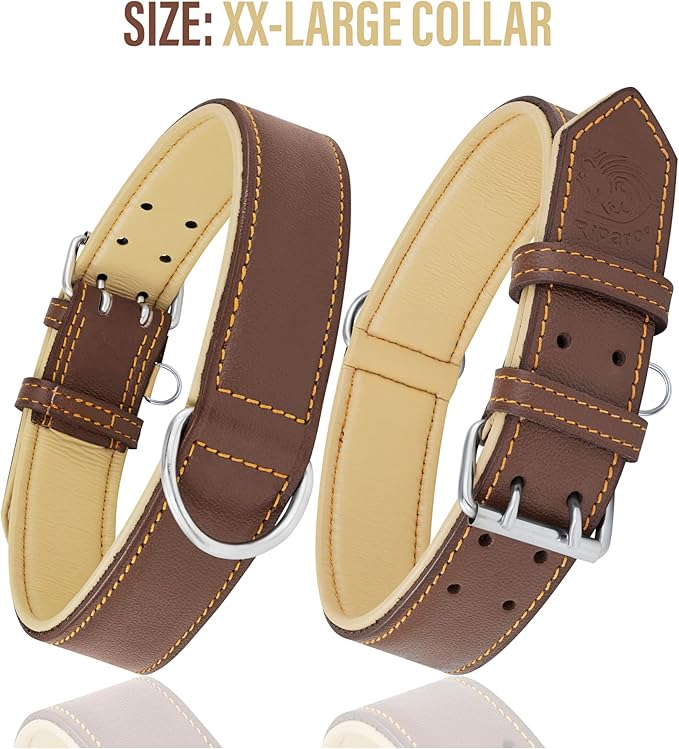 Riparo Brown Leather Dog Collar - Heavy Duty Wide Dog Collar for Small, Medium, Large and Extra Large Dogs with Dog Tag Holder (L: 1.5" Wide for 17"-21" Neck, Brown)