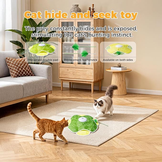 Rechargeable Interactive Cat Toy, Cat Toys for Bored Indoor Adult Cats, 2 in 1 Hide and Seek Cat Toy with Motion Activated, Moving Concealed Feathers, Bored Adult Cats Wand Toy