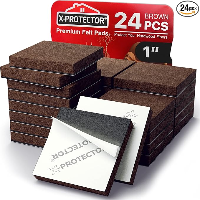 24 Heavy-Duty Felt Furniture Pads 1” 1/4” Thick X-Protector! Square Felt Pads for Furniture Feet - The Best Felt Floor Protectors for Furniture to Prevent Scratches. Protect Your Hard Floor! (Brown)