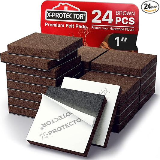24 Heavy-Duty Felt Furniture Pads 1” 1/4” Thick X-Protector! Square Felt Pads for Furniture Feet - The Best Felt Floor Protectors for Furniture to Prevent Scratches. Protect Your Hard Floor! (Brown)