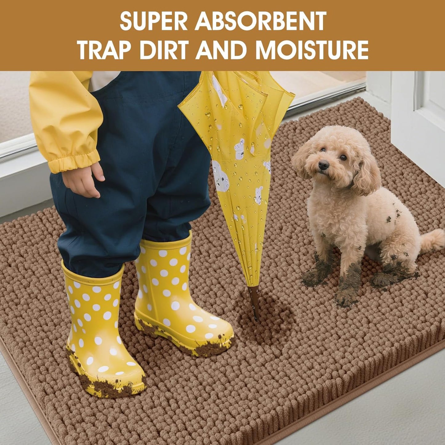 Dog Door Mats for Muddy Paws, Chenille Absorbent Door Mats, Non Slip Heavy Mud Mat for Dogs, Soft Indoor Door Mat for Entryway, Mud Paws, Inside Floor,30" X 20", Camel